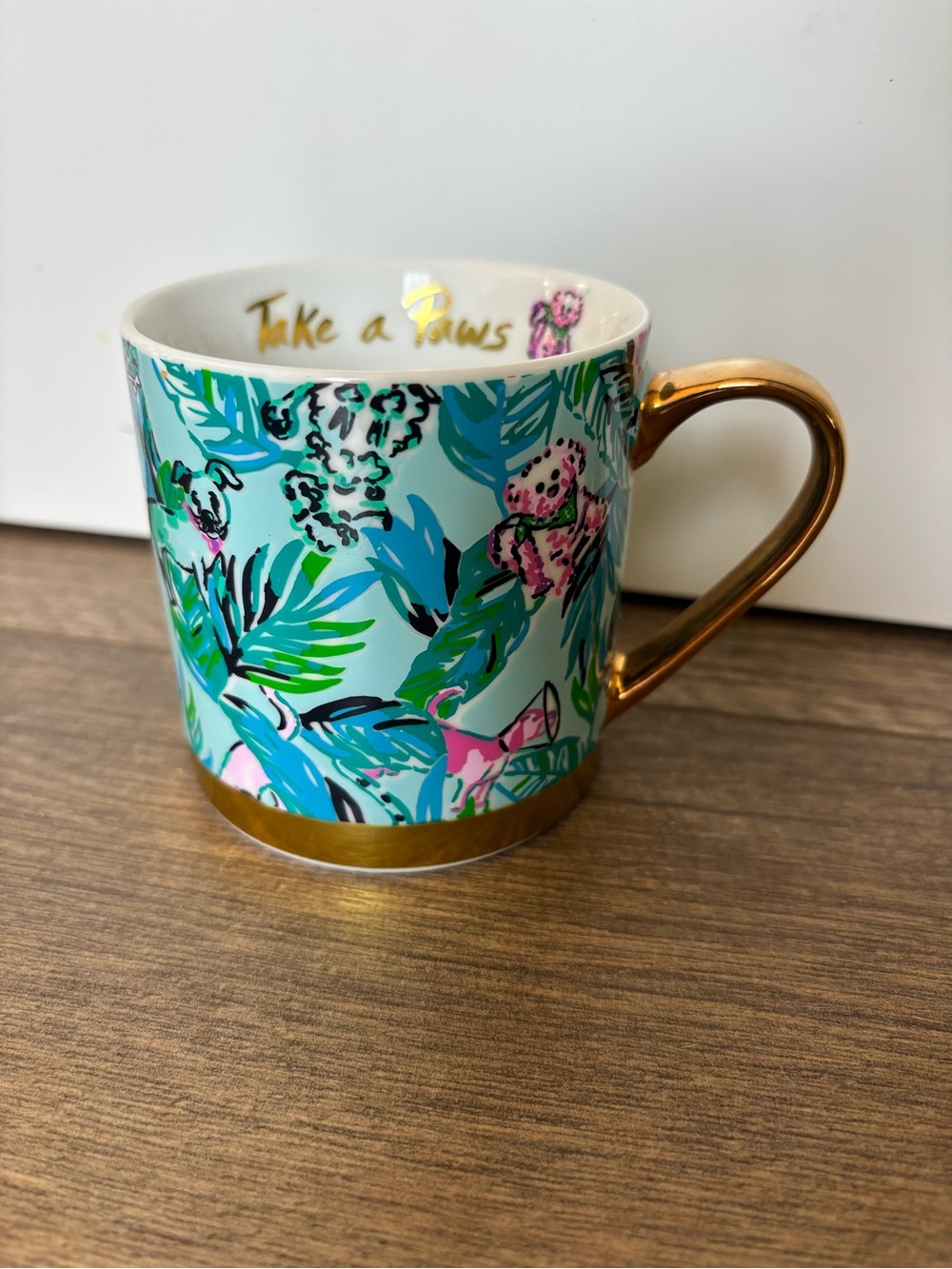 Lilly Pulitzer “Barking Up the Palm Tree” Mug with Gold Handle